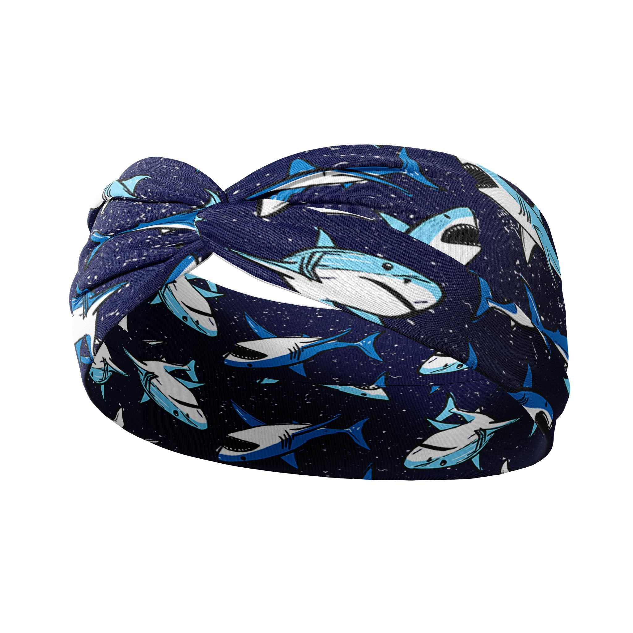 Adult women's navy headband with Great White Sharks swimming and tiny white fleck allover print