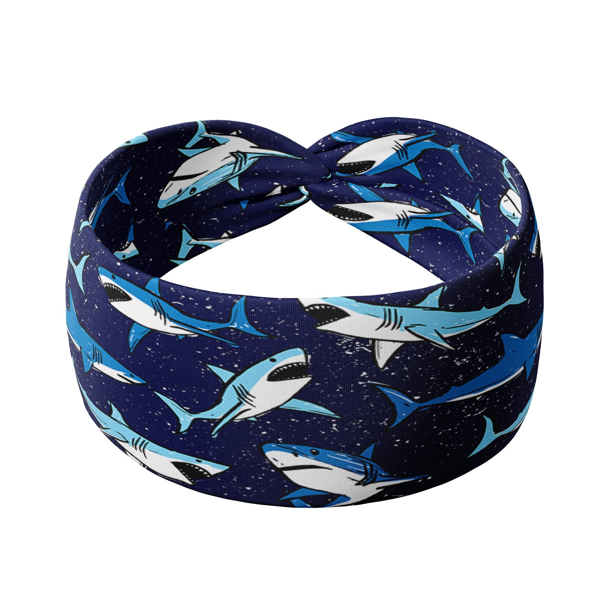 Adult women's navy headband with Great White Sharks swimming and tiny white fleck allover print