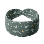 Adult women's emerald green headband with skeleton hands signing love, peace, rock-on and hang-loose shaka sign with yellow lightneing bolts and orange and pink diamonds