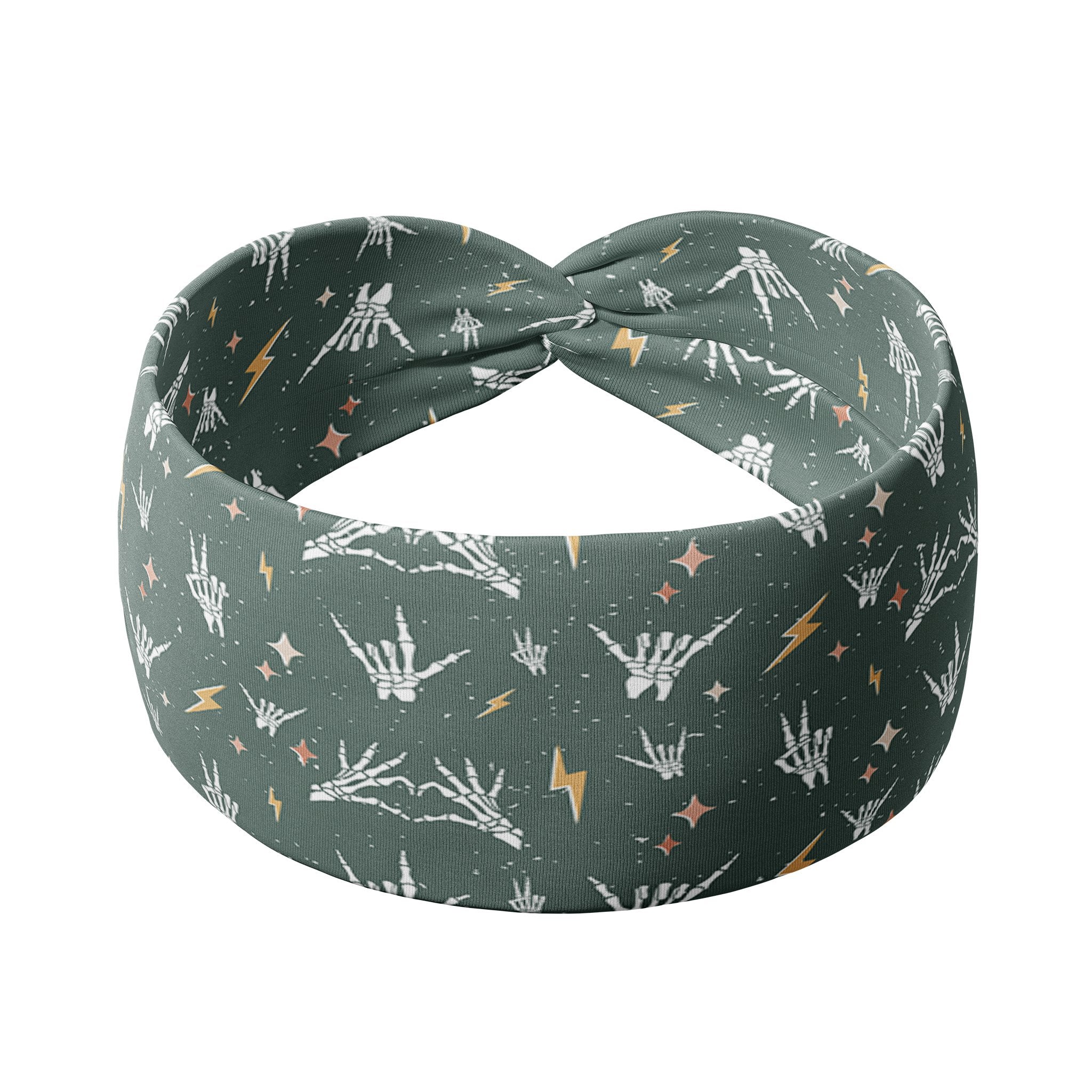 Adult women's emerald green headband with skeleton hands signing love, peace, rock-on and hang-loose shaka sign with yellow lightneing bolts and orange and pink diamonds