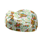 Adult women's white headband with pink, teal and green tiny paisley print with different painted sloth print