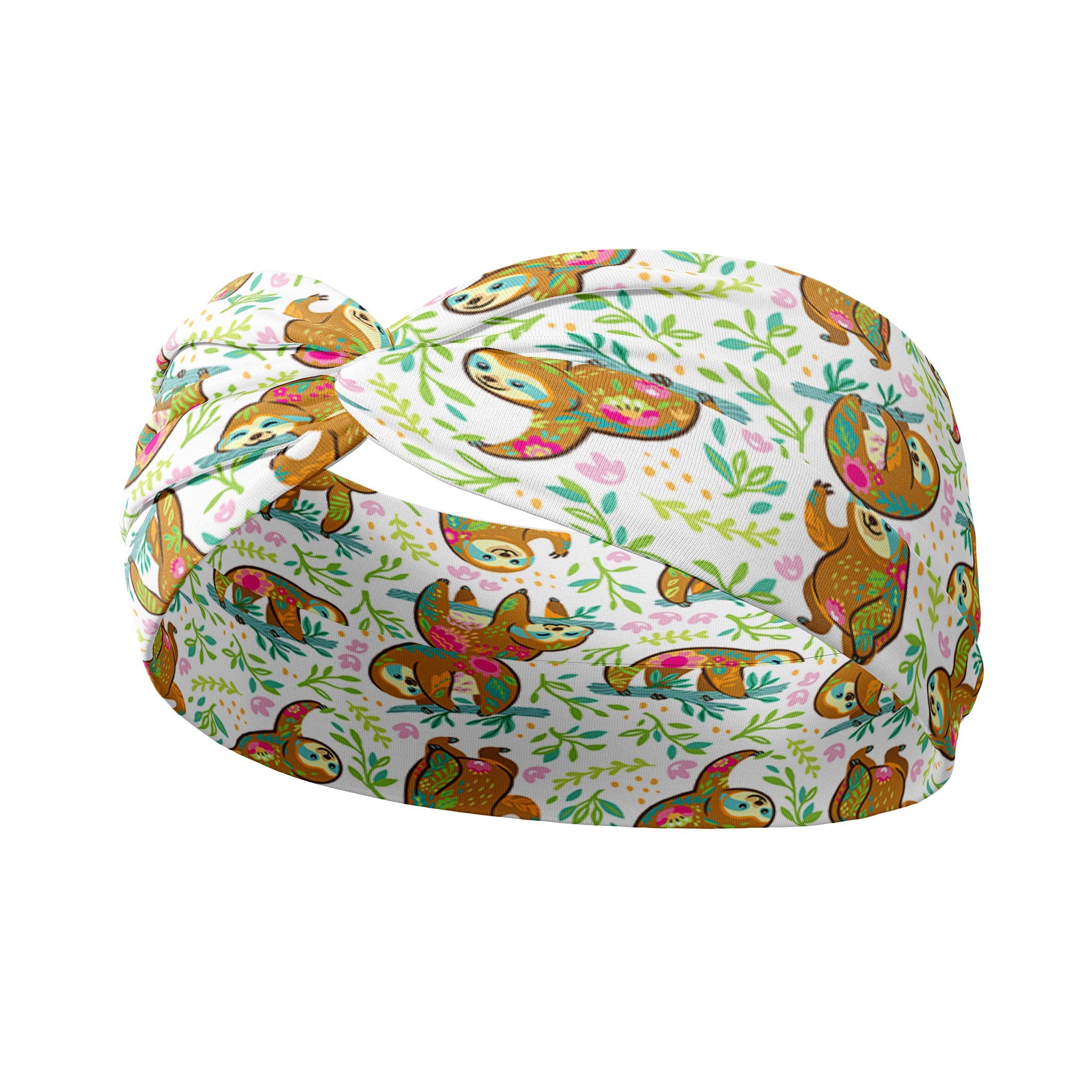 Adult women's white headband with pink, teal and green tiny paisley print with different painted sloth print