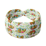 Adult women's white headband with pink, teal and green tiny paisley print with different painted sloth print