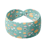 Adult women's blue-teal headband with yellow smiley faces, pink daisies, muted rainbows, and pink stethoscopes with a heart on the end