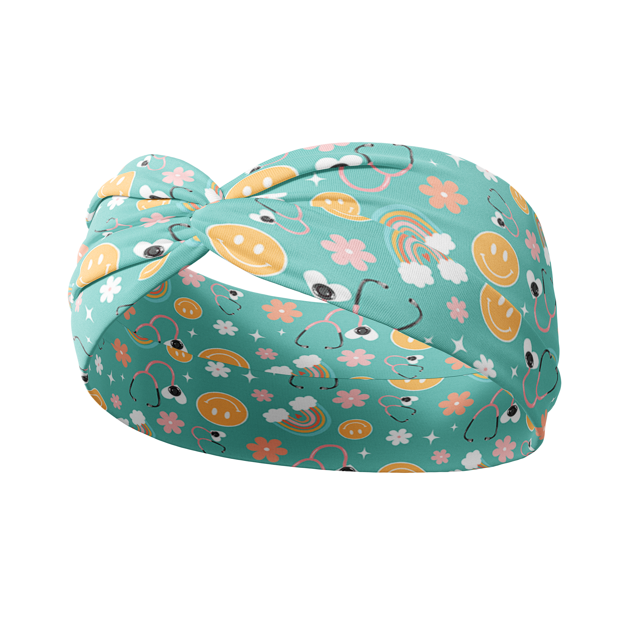 Adult women's blue-teal headband with yellow smiley faces, pink daisies, muted rainbows, and pink stethoscopes with a heart on the end