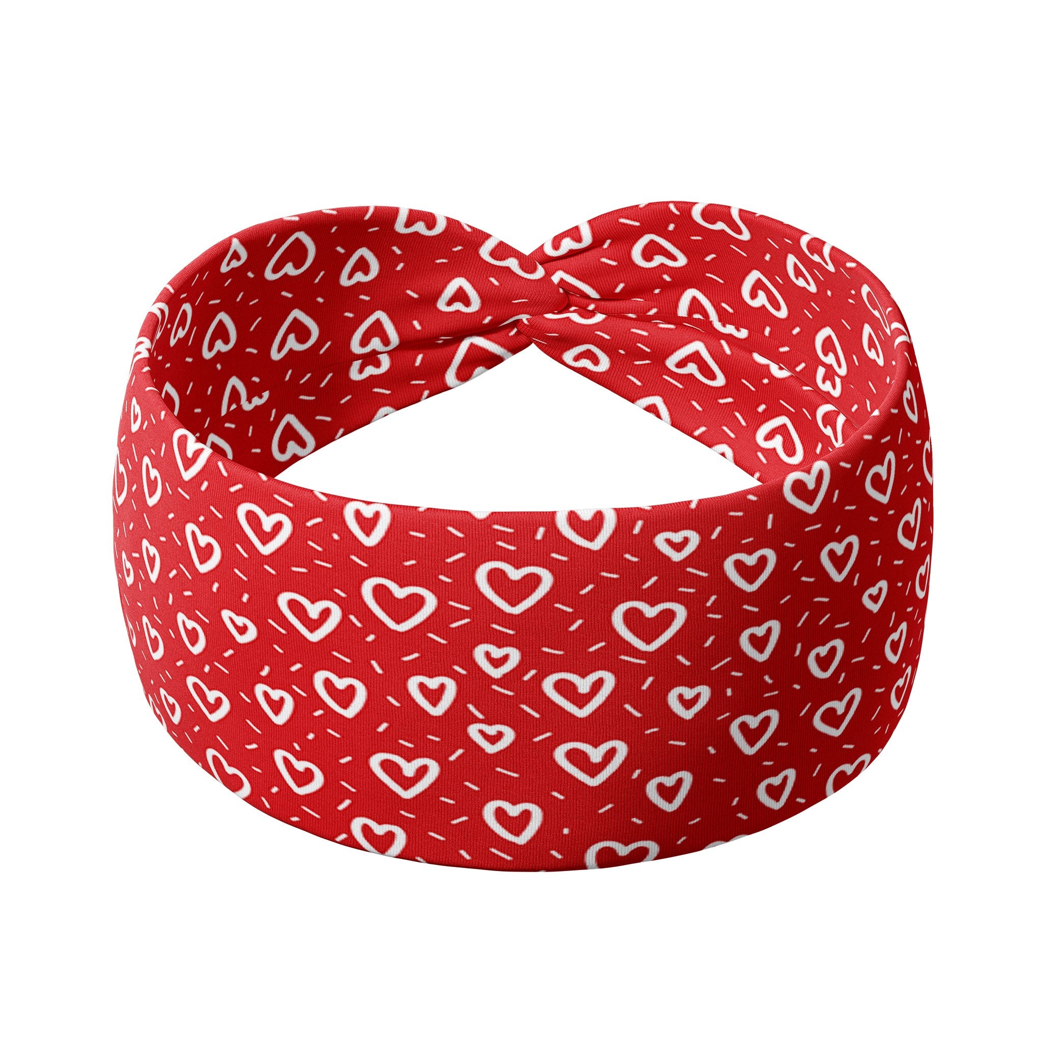 Adult women's red headband with white drawn hearts and dash marks