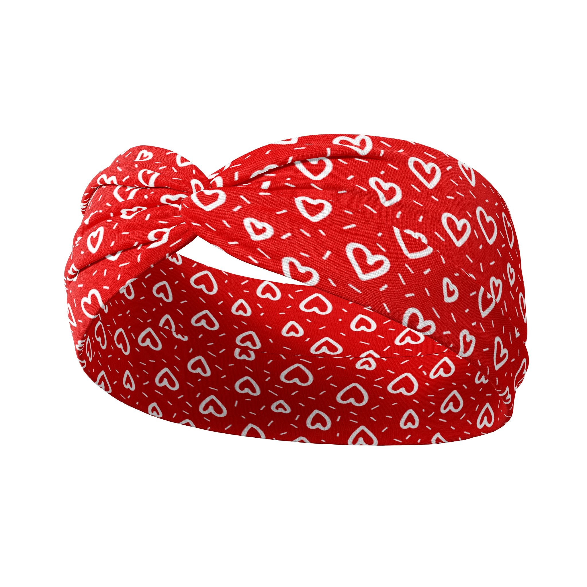 Adult women's red headband with white drawn hearts and dash marks