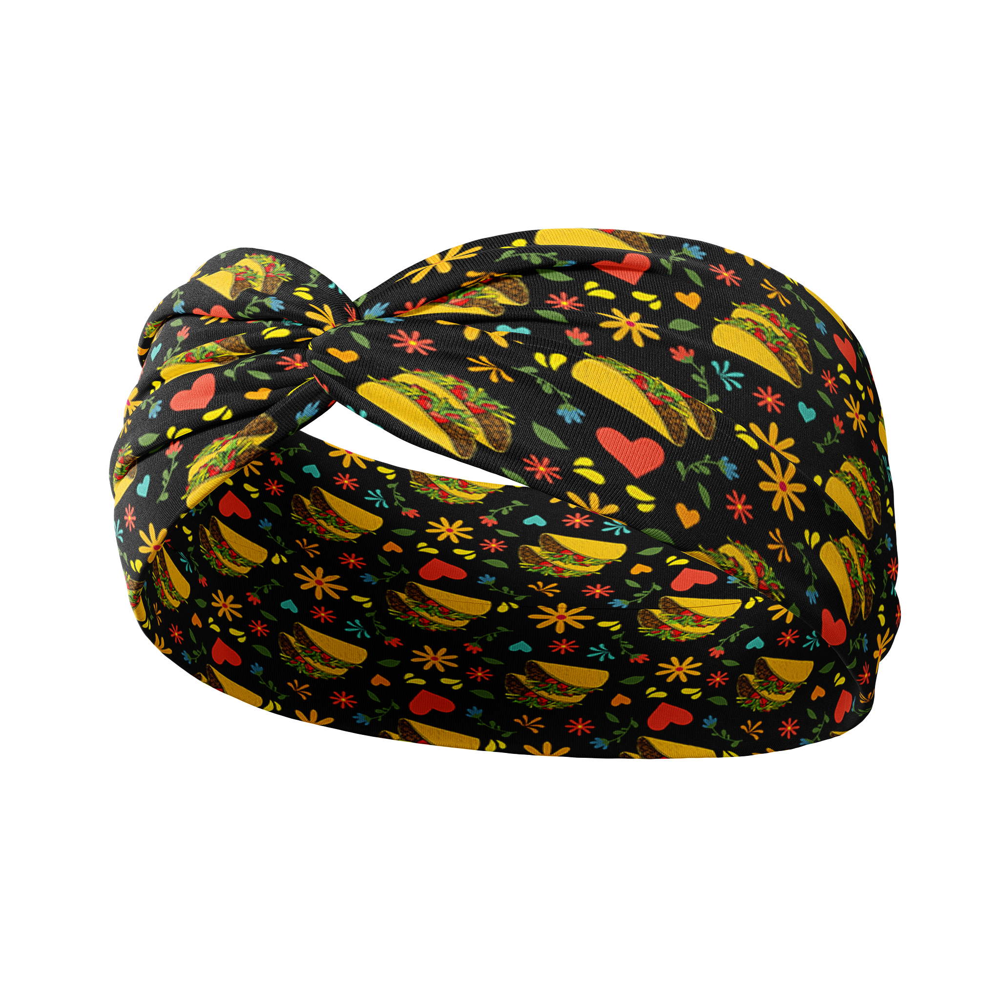 Adult women's black headband with a pair of tacos, red hearts, and small red and yellow flowers and green leaf print