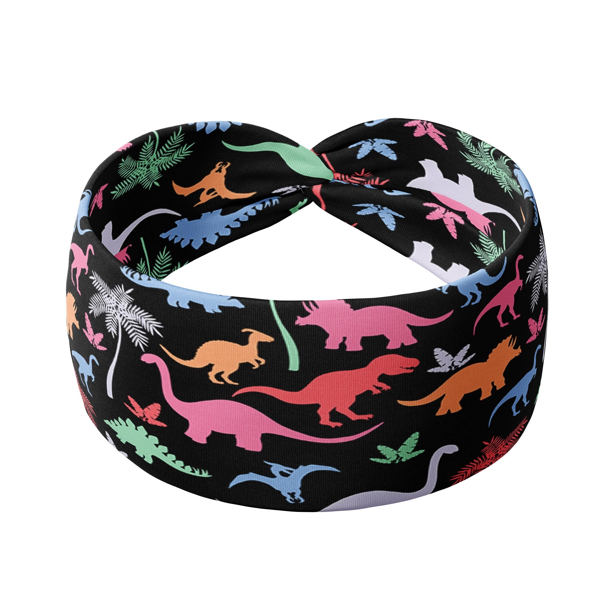 Adult women's black headband with orange, red, blue, grey and pink dinosaur silhouettes with similar colored plants