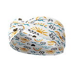 Adult women's white headband with marker drawings of rainbows, yellow sunrises, blue waves, black hearts and black rocks