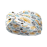 Adult women's white headband with marker drawings of rainbows, yellow sunrises, blue waves, black hearts and black rocks