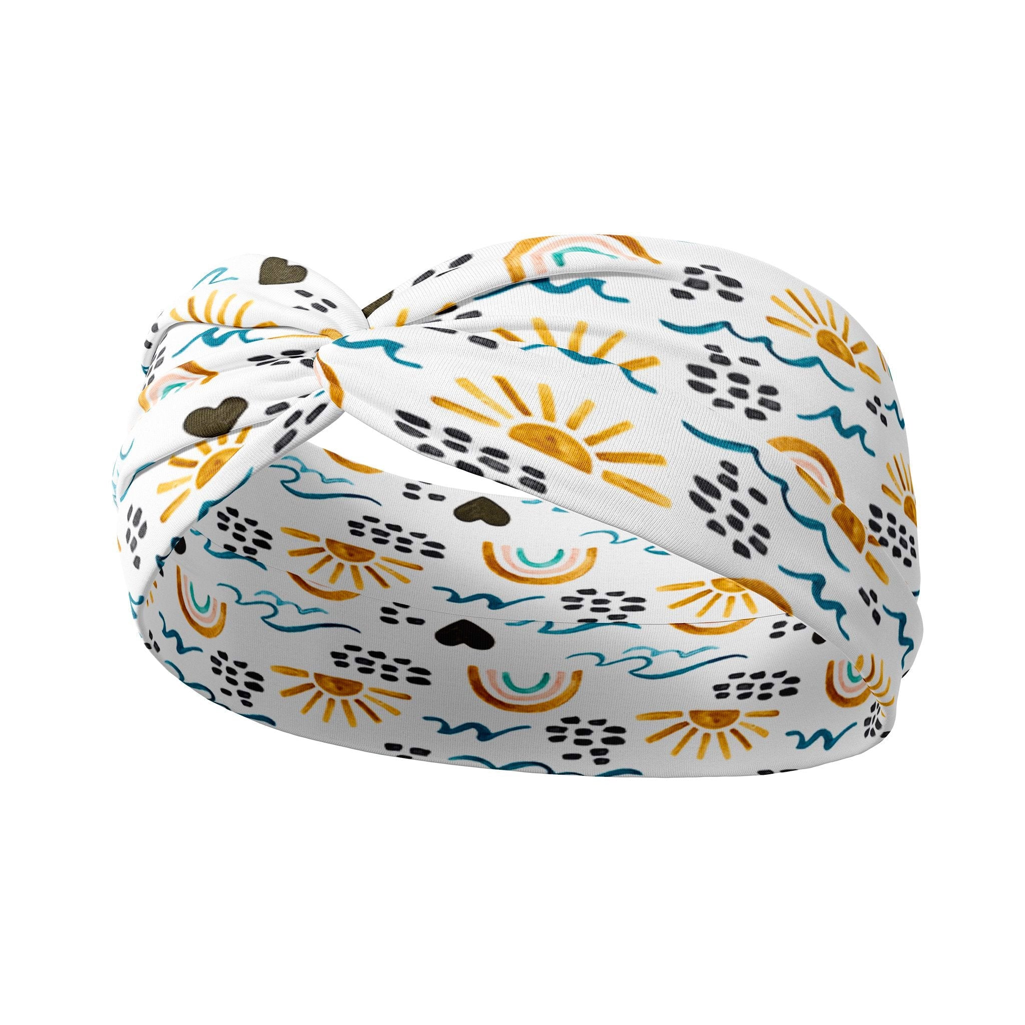 Adult women's white headband with marker drawings of rainbows, yellow sunrises, blue waves, black hearts and black rocks