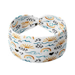Adult women's white headband with marker drawings of rainbows, yellow sunrises, blue waves, black hearts and black rocks
