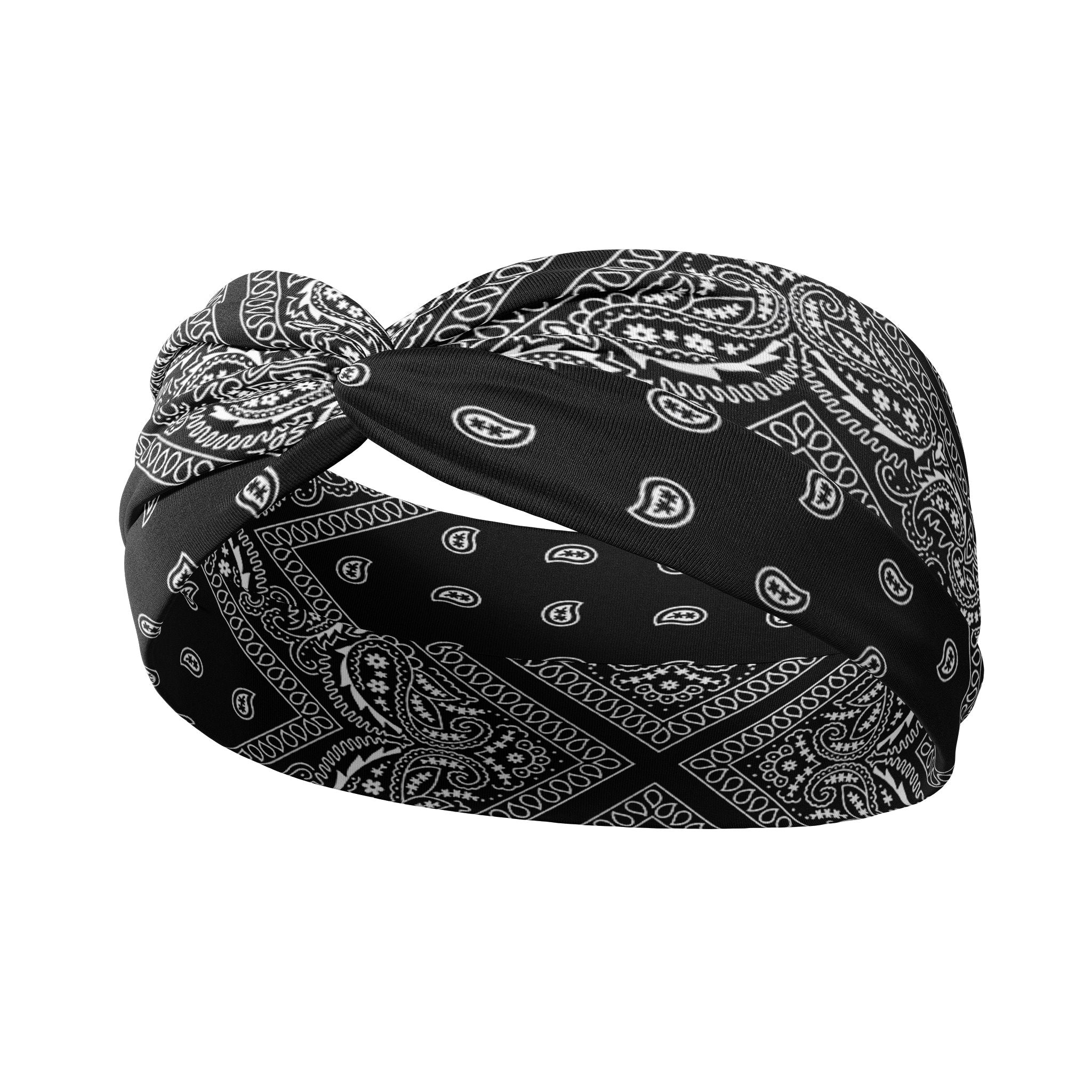 Adult women’s black headband with white paisley bandana print.