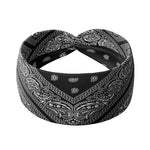 Adult women’s black headband with white paisley bandana print.