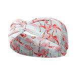 Adult women's light blue headband with white palm and pink and red flamingo allover print