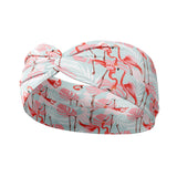 Adult women's light blue headband with white palm and pink and red flamingo allover print