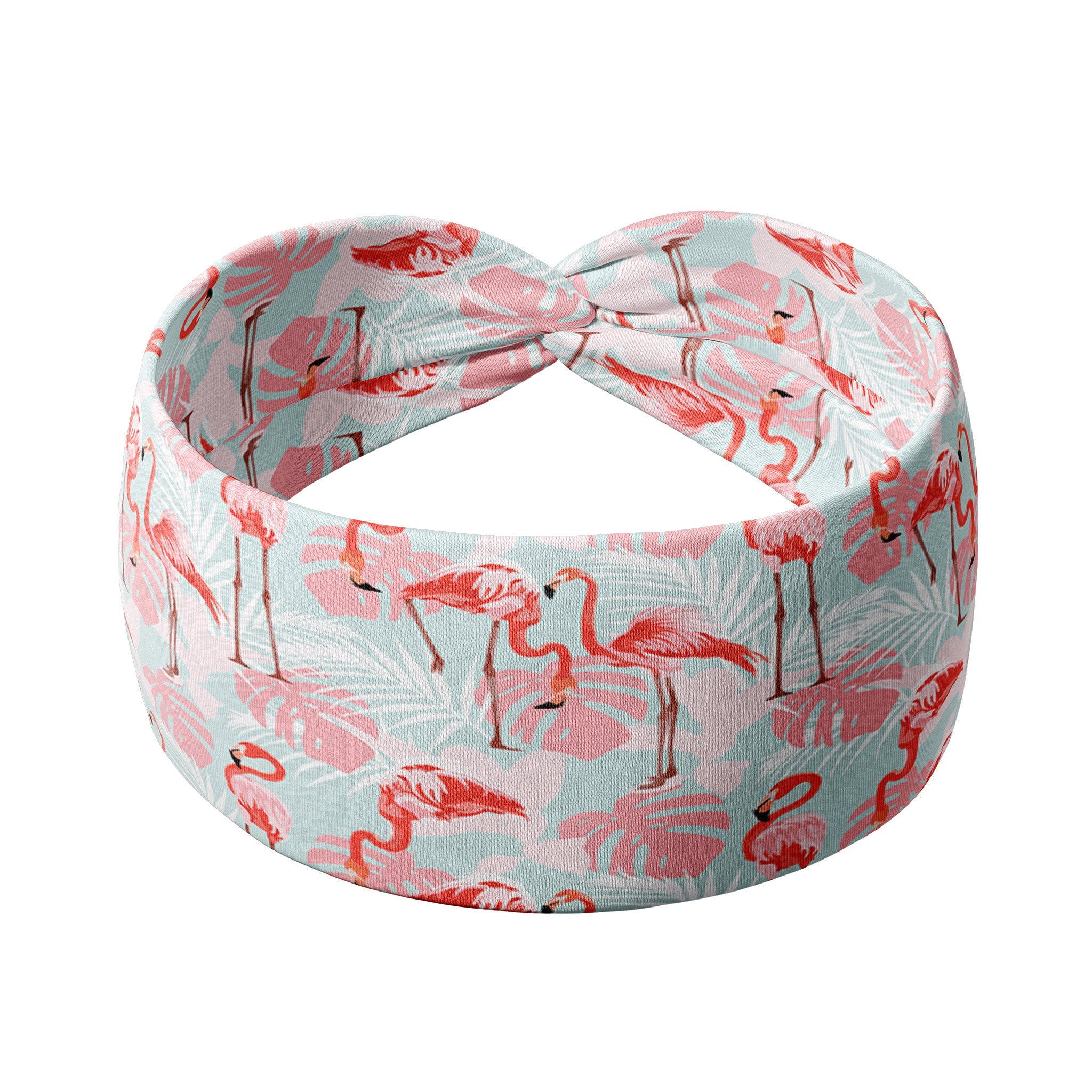 Adult women's light blue headband with white palm and pink and red flamingo allover print