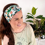 Adult women's white headband with medium potted various houseplants print