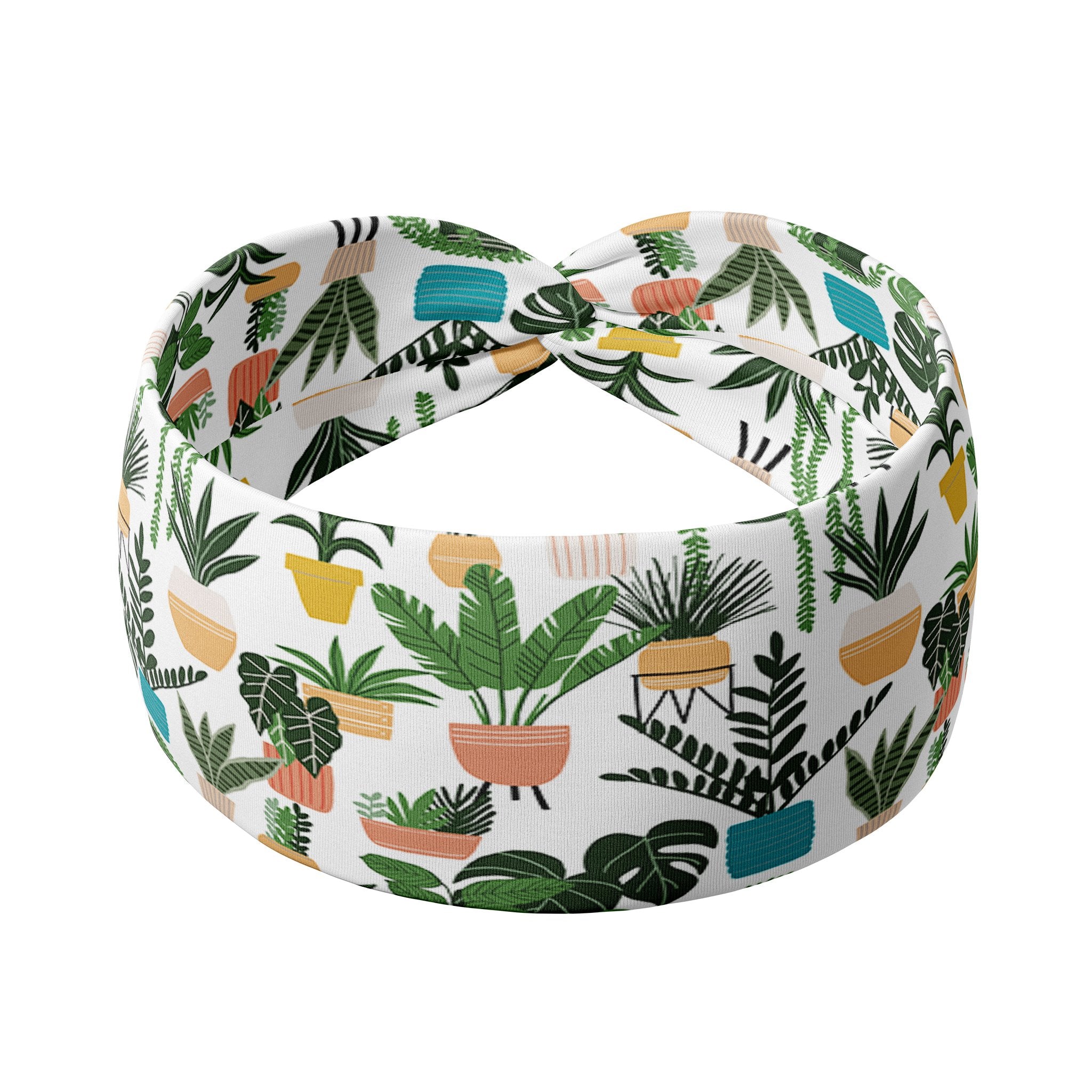Adult women's white headband with medium potted various houseplants print
