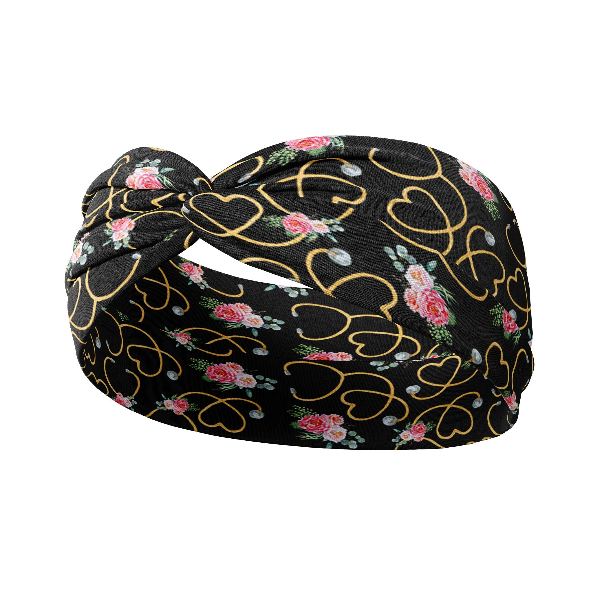 Adult women's black headband with pink and red bouquets and white stethoscope print