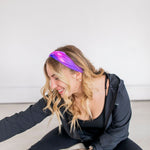 Adult women's deep purple and purple tie dye headband with starry white dots