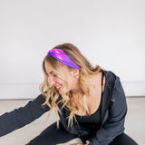 Adult women's deep purple and purple tie dye headband with starry white dots